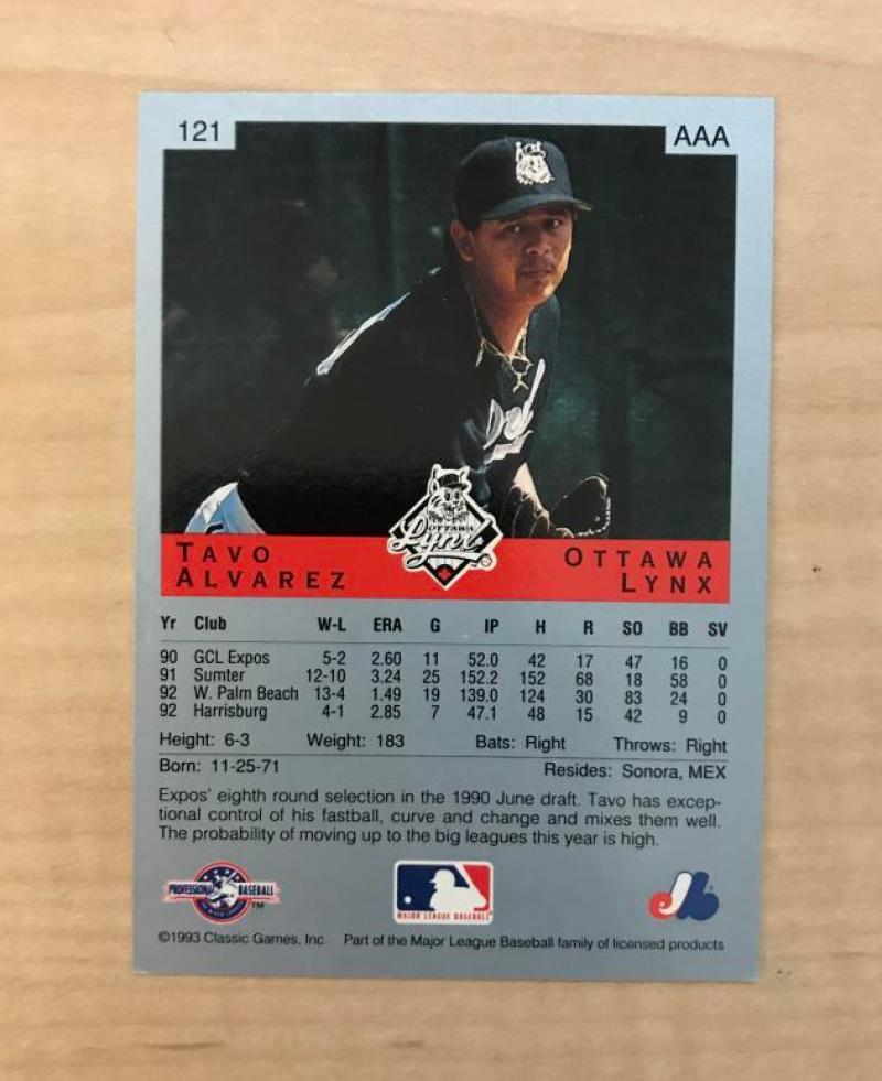 TAVO ALVAREZ OTTAWA LYNX SIGNED AUTOGRAPHED 1993 CLASSIC CARD #121 W/COA