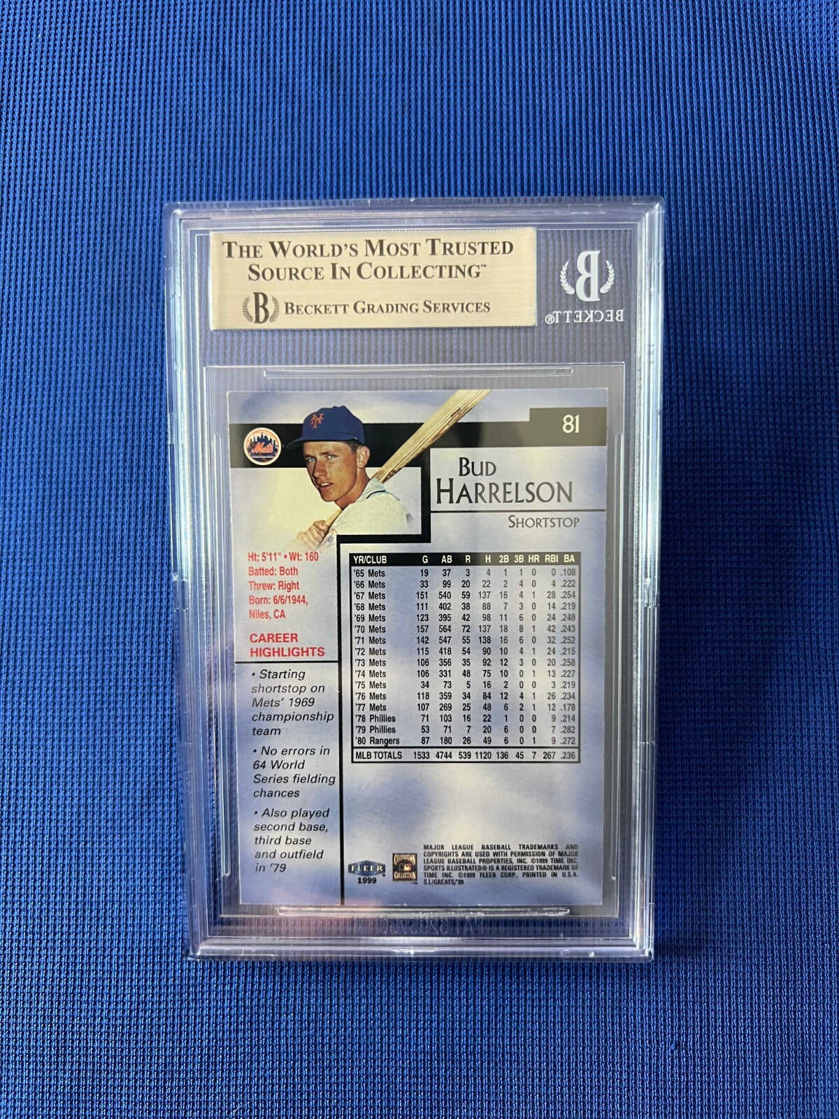 1999 SI GREATS OF THE GAME BUD HARRELSON METS SIGNED AUTOGRAPH CARD #81 BECKETT