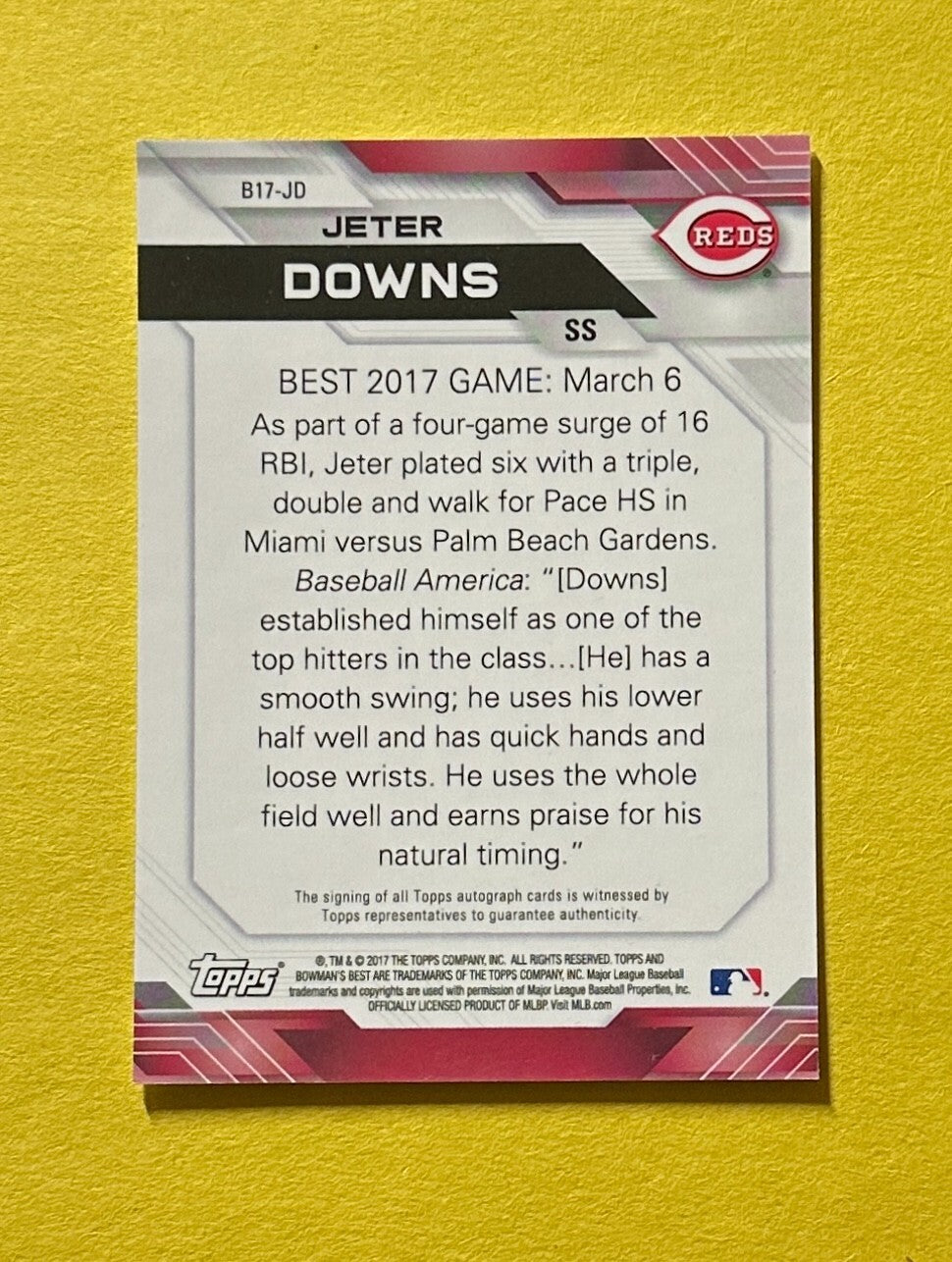 2017 BOWMAN'S BEST JETER DOWNS BASE AUTO #B17-JD REDS
