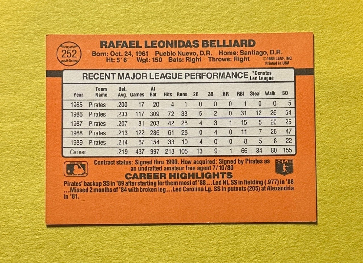 1990 DONRUSS RAFAEL BELLIARD SIGNED AUTOGRAPH CARD W/ COA #252 PIRATES