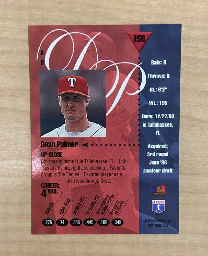 DEAN PALMER TEXAS RANGERS SIGNED 1994 DONRUSS STUDIO CARD #156 W/COA