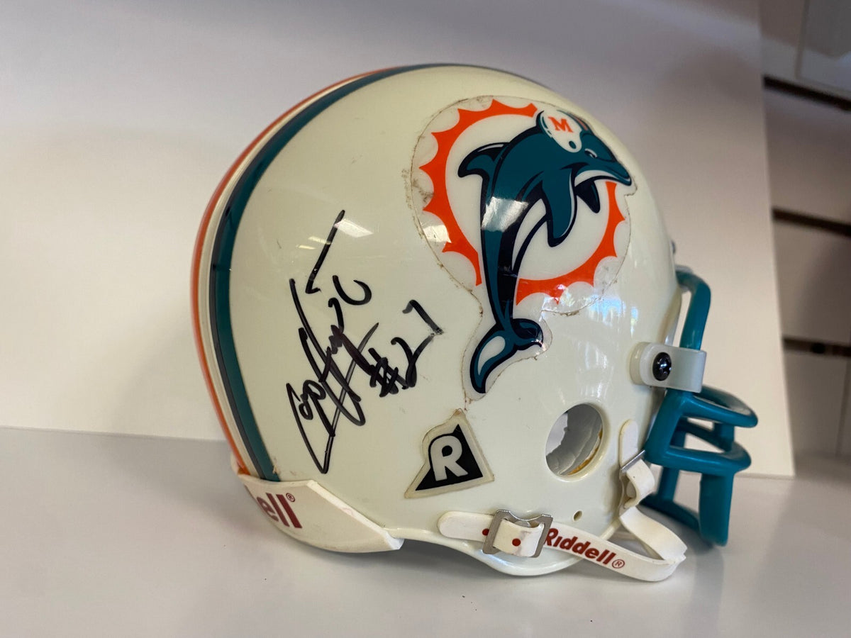 LARRY BALL LORENZO HAMPTON S WOODEN DOLPHINS SIGNED AUTO MINI HELMET W/COA