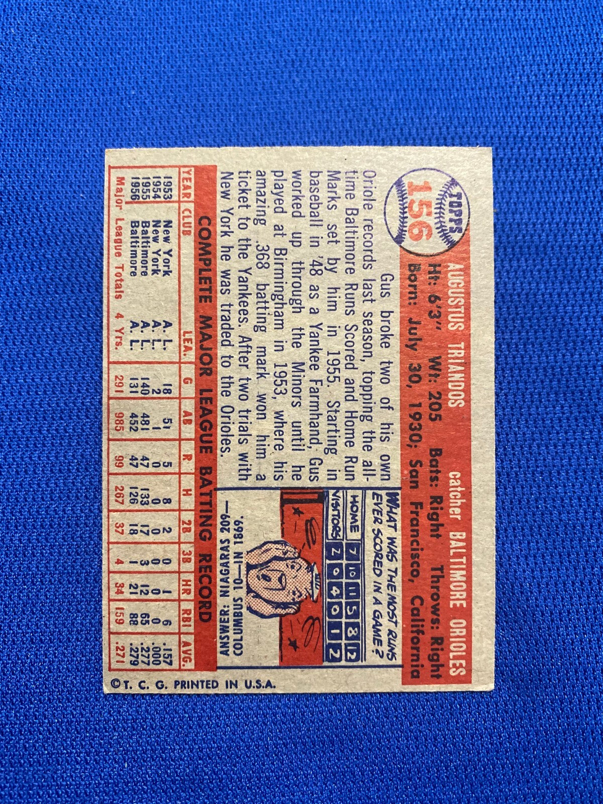 1957 TOPPS GUS TRIANDOS BALTIMORE ORIOLES #156 CARD VINTAGE SET-BREAK