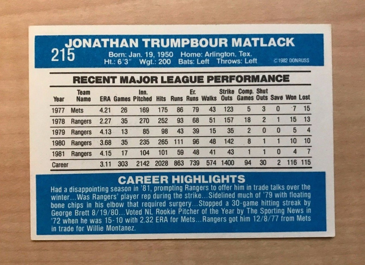 JON MATLACK TEXAS RANGERS SIGNED AUTOGRAPHED 1982 DONRUSS CARD #215 W/COA
