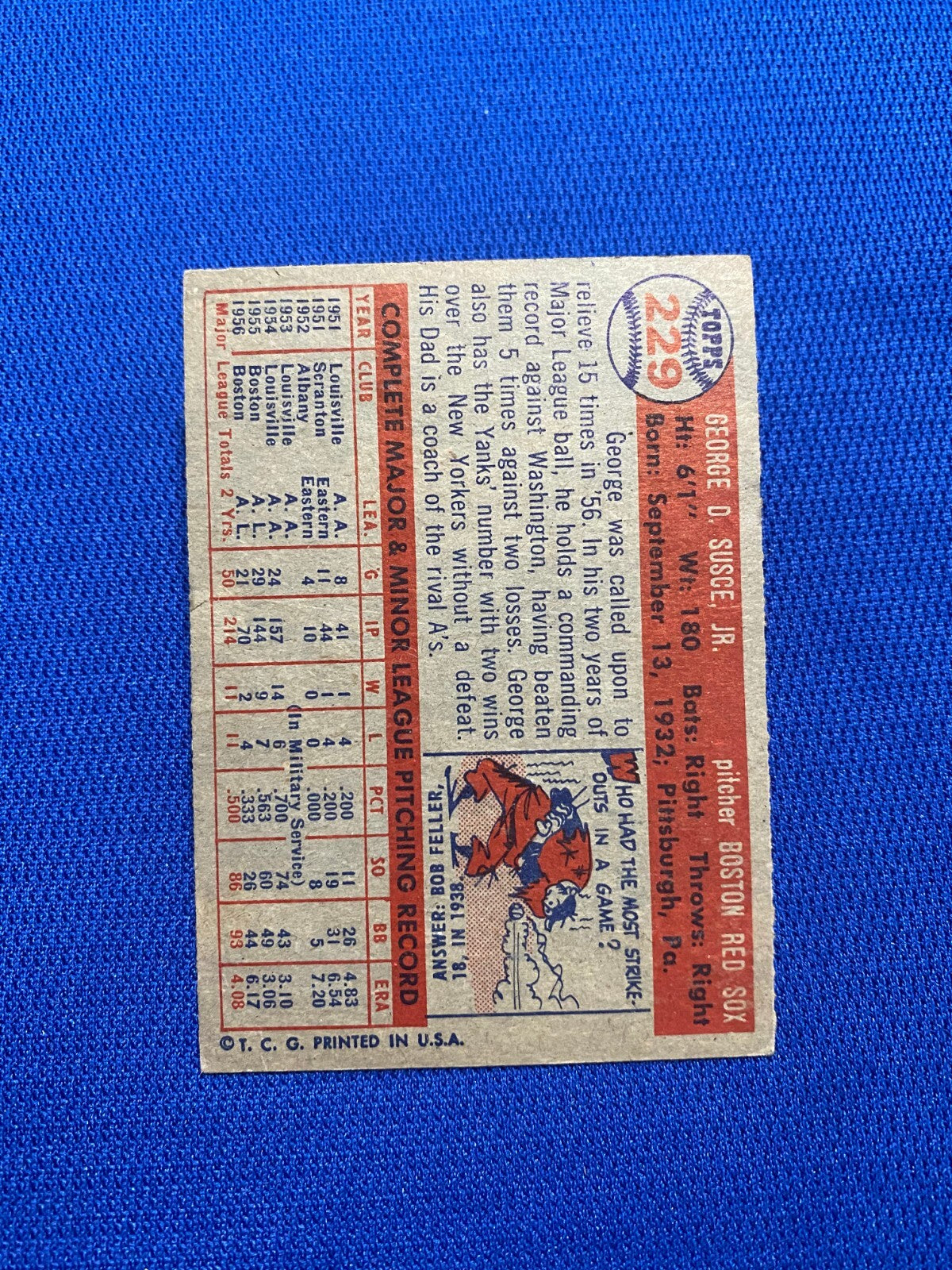 1957 TOPPS GEORGE SUSCE BOSTON RED SOX #229 CARD VINTAGE SET-BREAK
