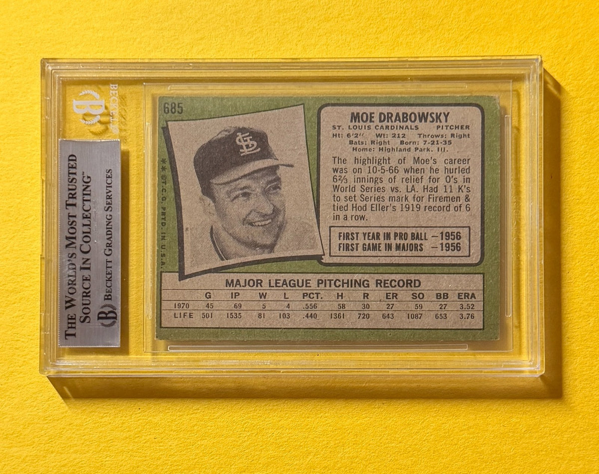 1971 TOPPS MOE DRABOWSKY #685 SIGNED AUTO CARD BECKETT AUTHENTIC CARDINALS