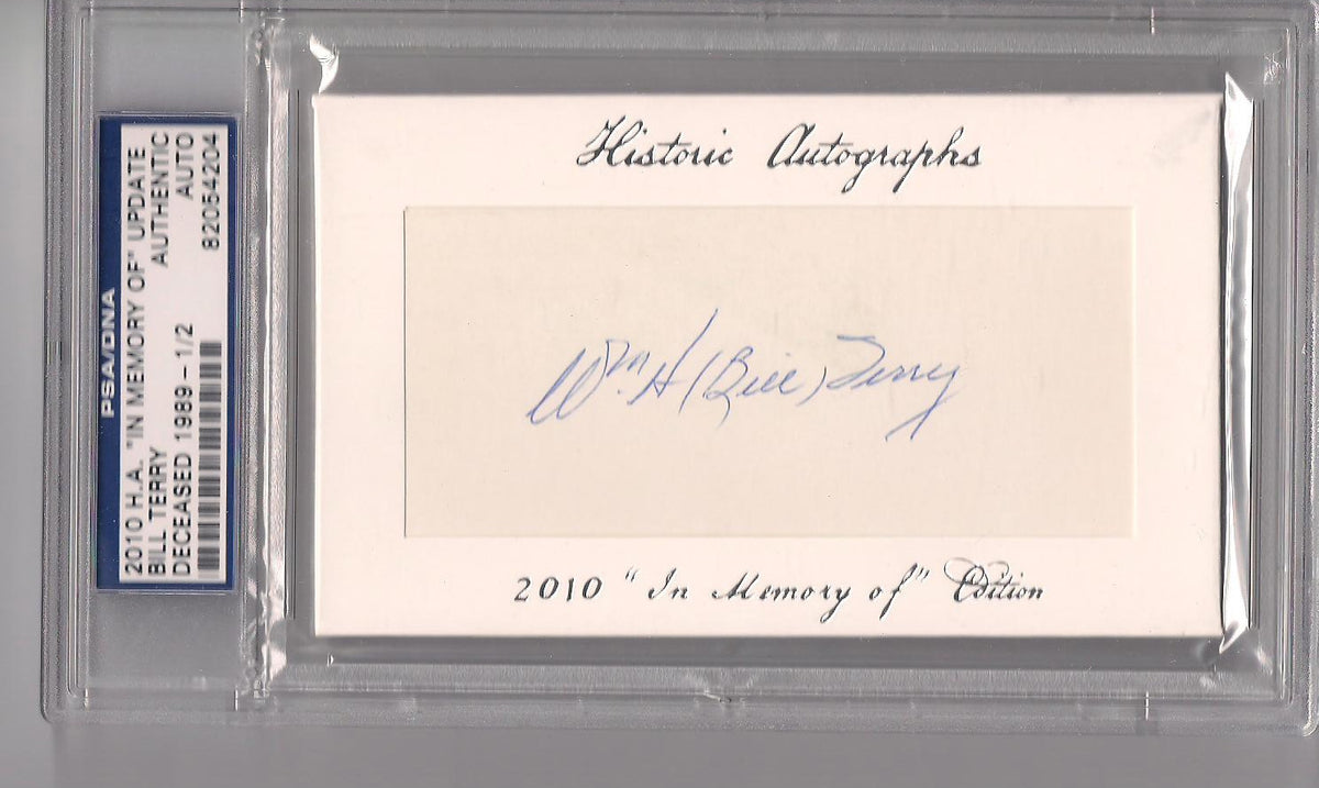 BILL TERRY "IN MEMORY OF" 1/2 HISTORIC AUTOGRAPHS PSA/DNA