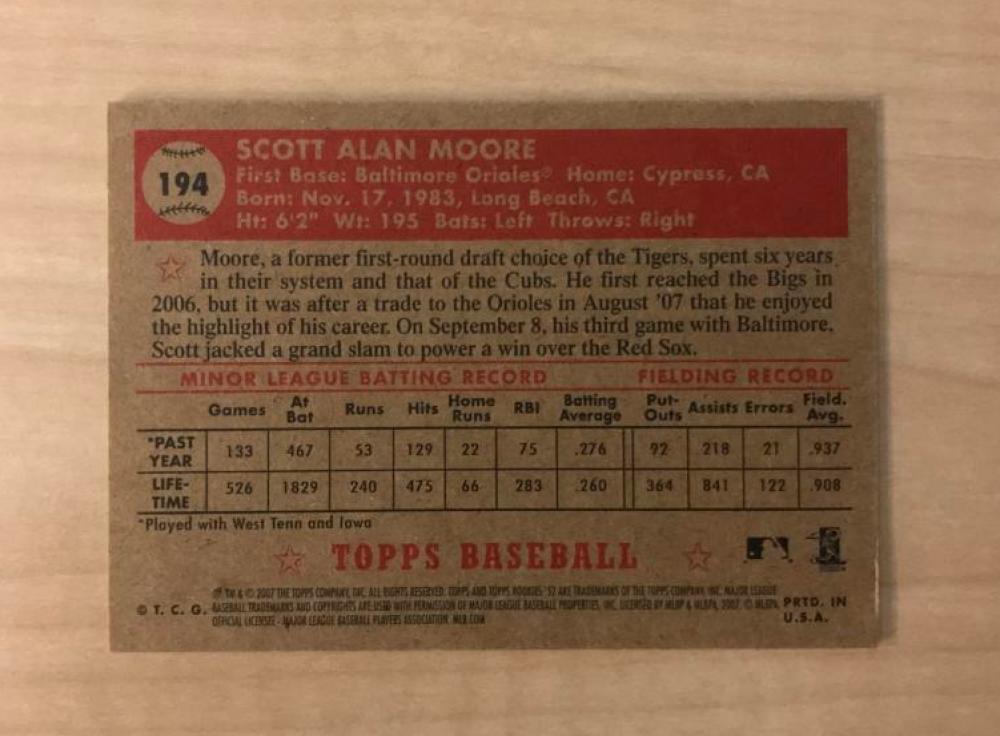 SCOTT MOORE BALTIMORE ORIOLES SIGNED AUTOGRAPHED 2007 TOPPS CARD #194 W/COA