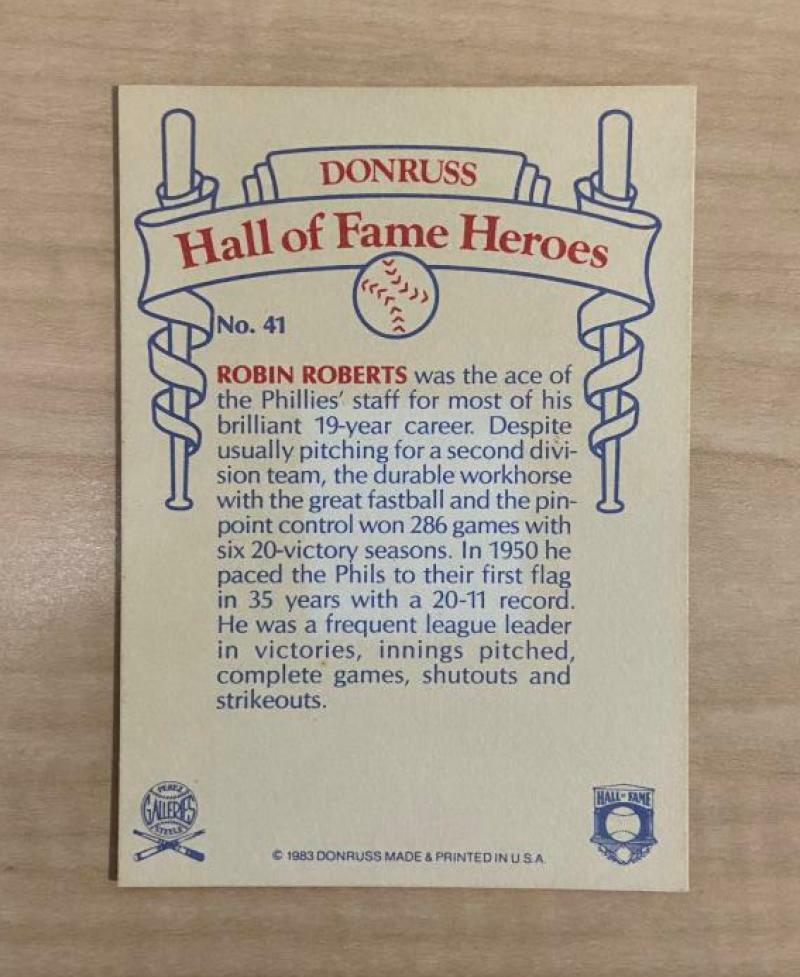 ROBIN ROBERTS PHILADELPHIA PHILLIES SIGNED 1983 DONRUSS CARD #41 W/COA