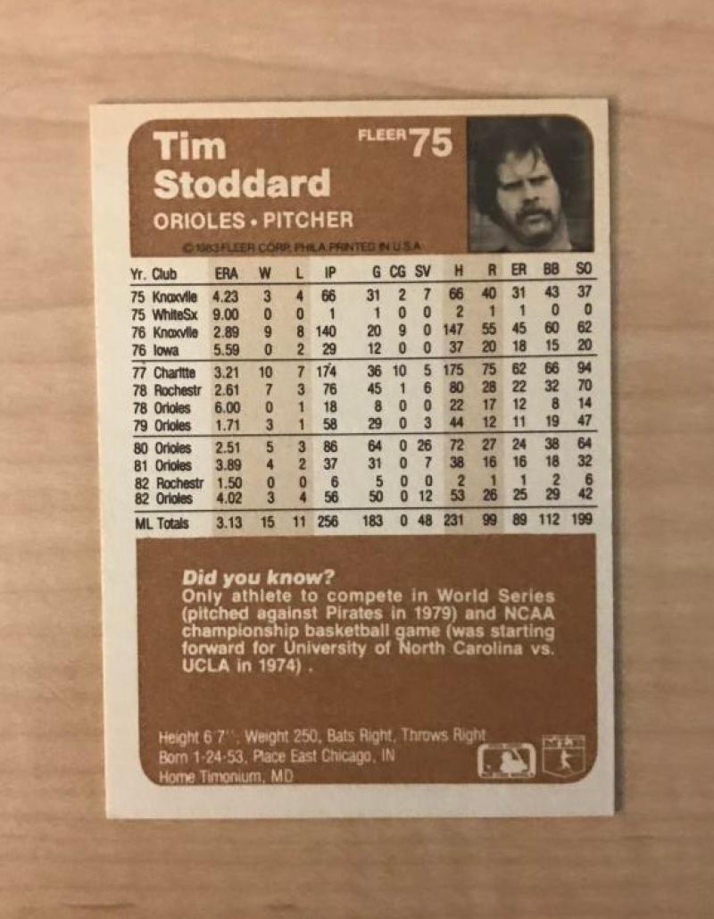 TIM STODDARD BALTIMORE ORIOLES SIGNED AUTOGRAPHED 1983 FLEER CARD #75 W/COA