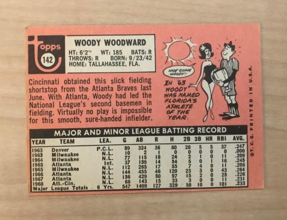 WOODY WOODWARD CINCINNATI REDS SIGNED AUTOGRAPHED 1969 TOPPS CARD #142 W/COA