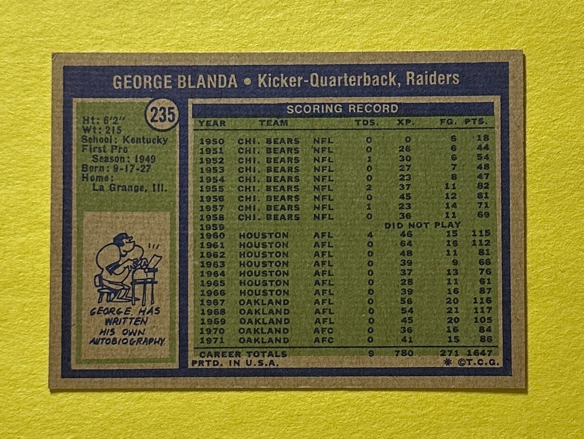 1972 TOPPS GEORGE BLANDA #235 RAIDERS HOF