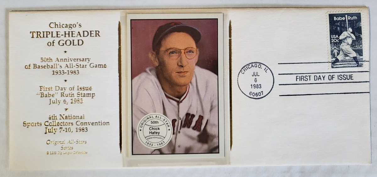 CHICAGO'S TRIPLE-HEADER OF GOLD CACHET FIRST DAY OF ISSUE BABE RUTH CHICK HAFEY