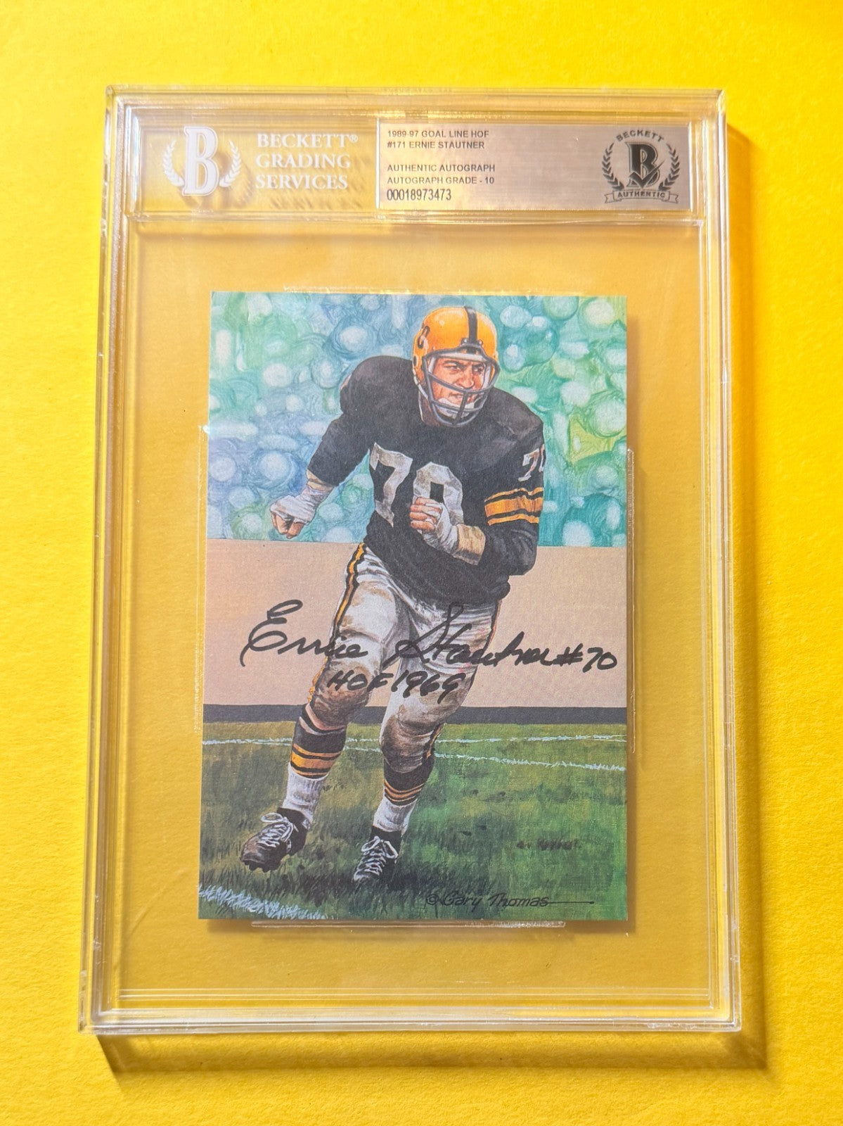 1989 GOAL LINE HOF ERNIE STAUTNER #171 SIGNED ART BECKETT AUTHENTIC 10 "HOF 69"