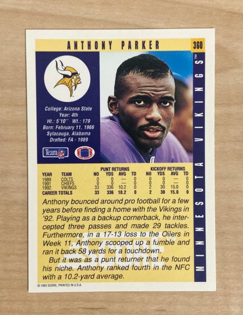 ANTHONY PARKER MINNESOTA VIKINGS SIGNED AUTOGRAPHED 1993 SCORE CARD #360 W/COA