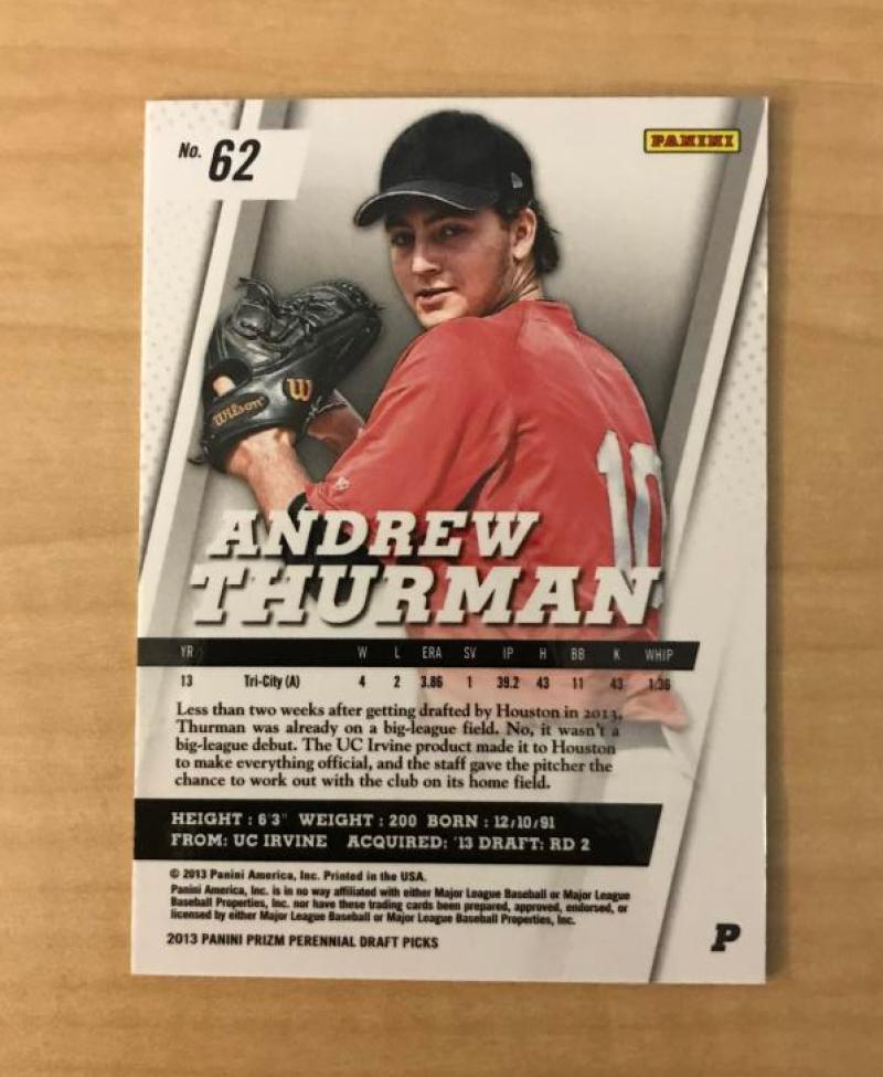 ANDREW THURMAN HOUSTON ASTROS AUTOGRAPHED 2013 PANINI DRAFT PICKS CARD #62 W/COA