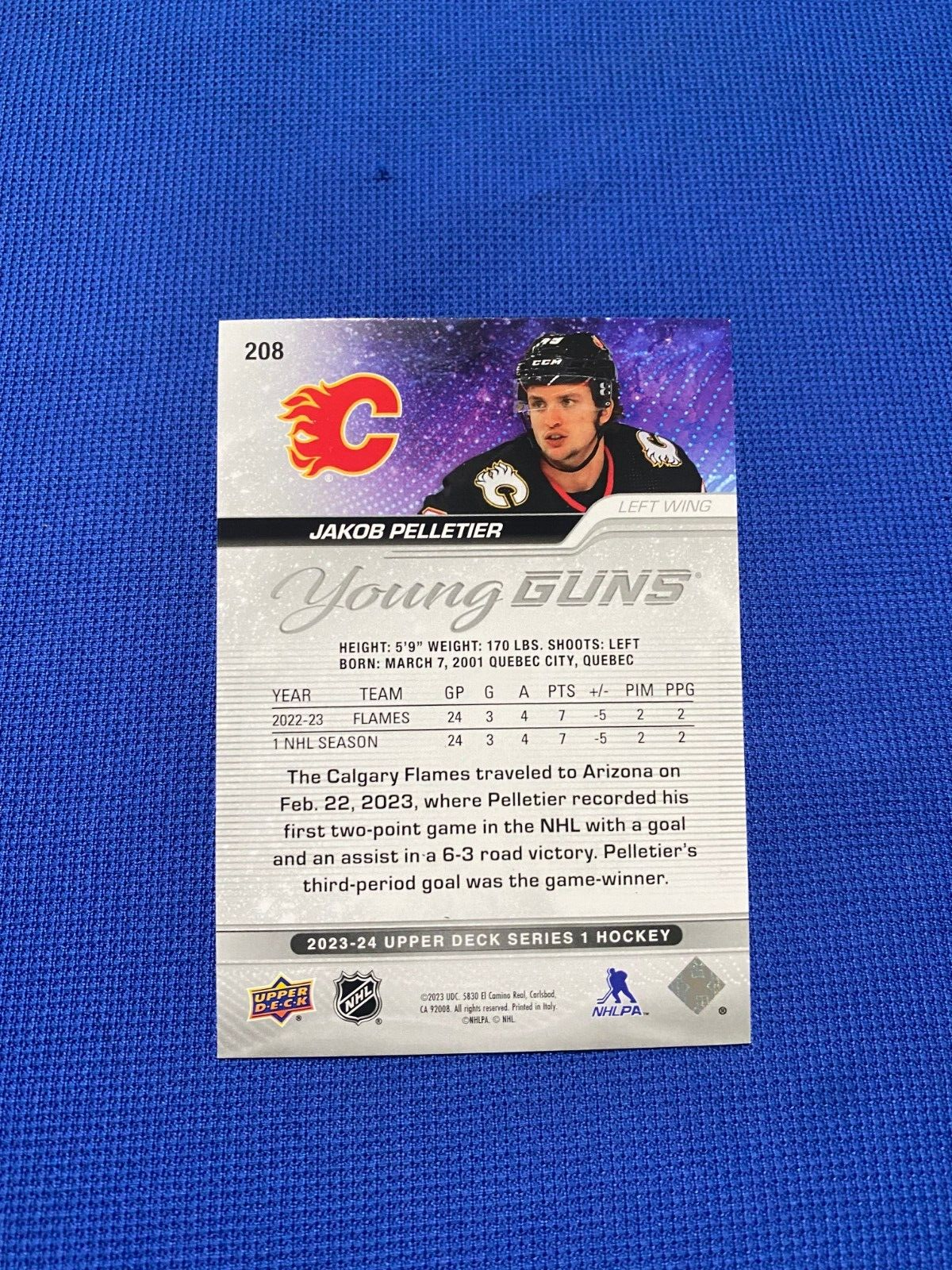 2023-24 UPPER DECK JAKOB PELLETIER YOUNG GUNS CALGARY FLAMES RC ROOKIE #208 CARD