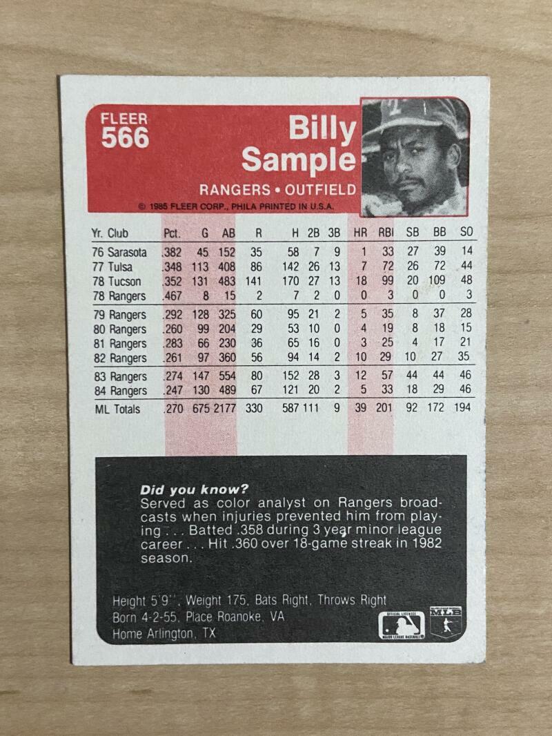BILLY SAMPLE TEXAS RANGERS SIGNED AUTOGRAPHED 1985 FLEER CARD #566 W/COA
