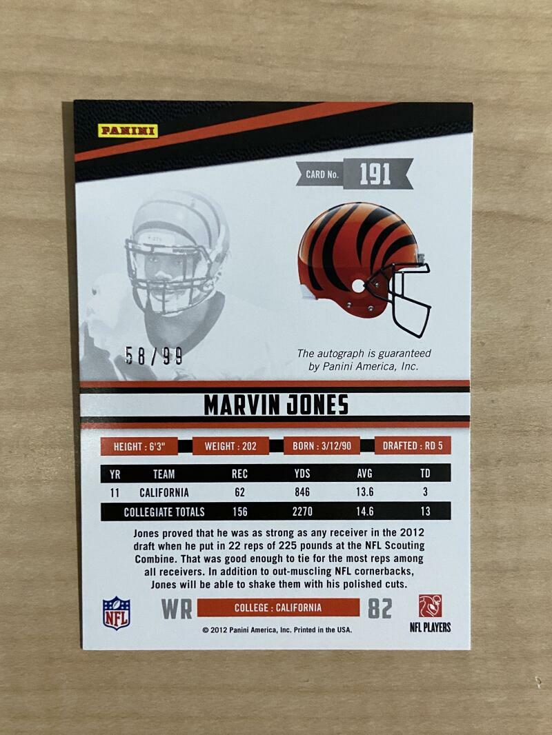 MARVIN JONES CINCINNATI BENGALS SIGNED AUTOGRAPHED 2012 LONGEVITY 58/99 CARD#191