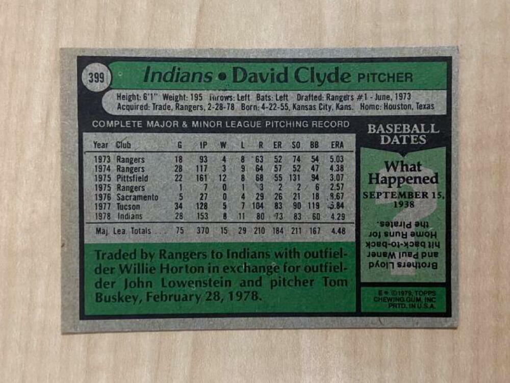 DAVID CLYDE CLEVELAND INDIANS SIGNED AUTOGRAPHED 1979 TOPPS CARD #399 W/COA