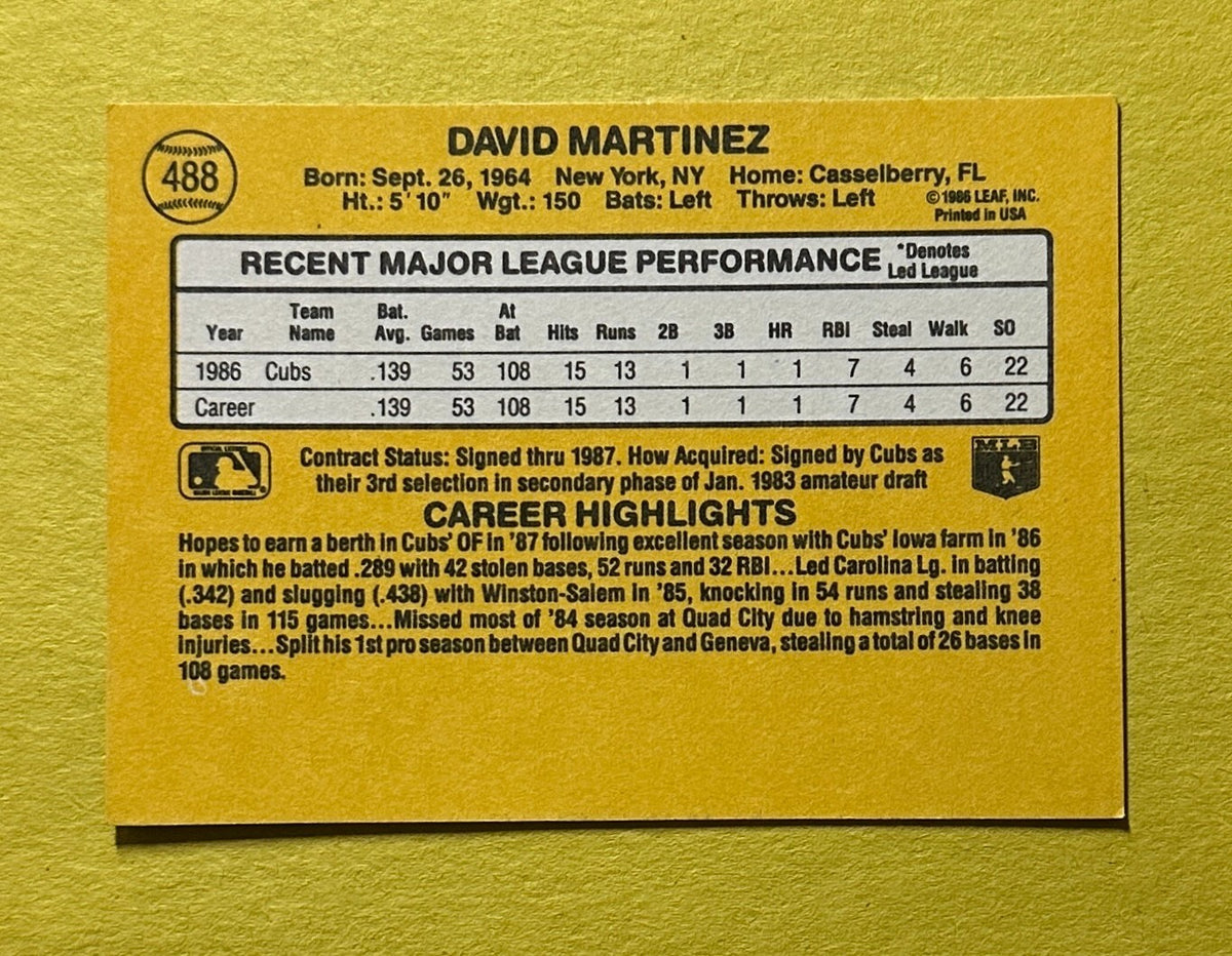 1987 DONRUSS DAVE MATINEZ SIGNED AUTOGRAPH CARD W/ COA #488 CUBS