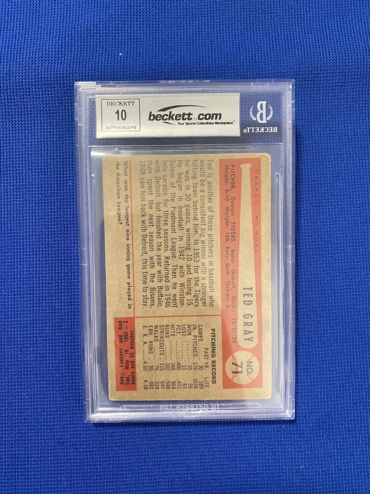 1954 BOWMAN TED GRAY TIGERS SIGNED AUTOGRAPHED AUTO #71 CARD BECKETT AUTH