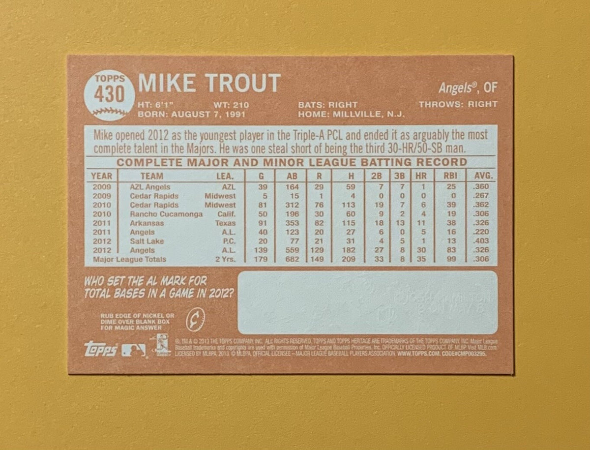 2013 TOPPS HERITAGE MIKE TROUT BLUE BORDER ROOKIE CUP #430 ANGELS 