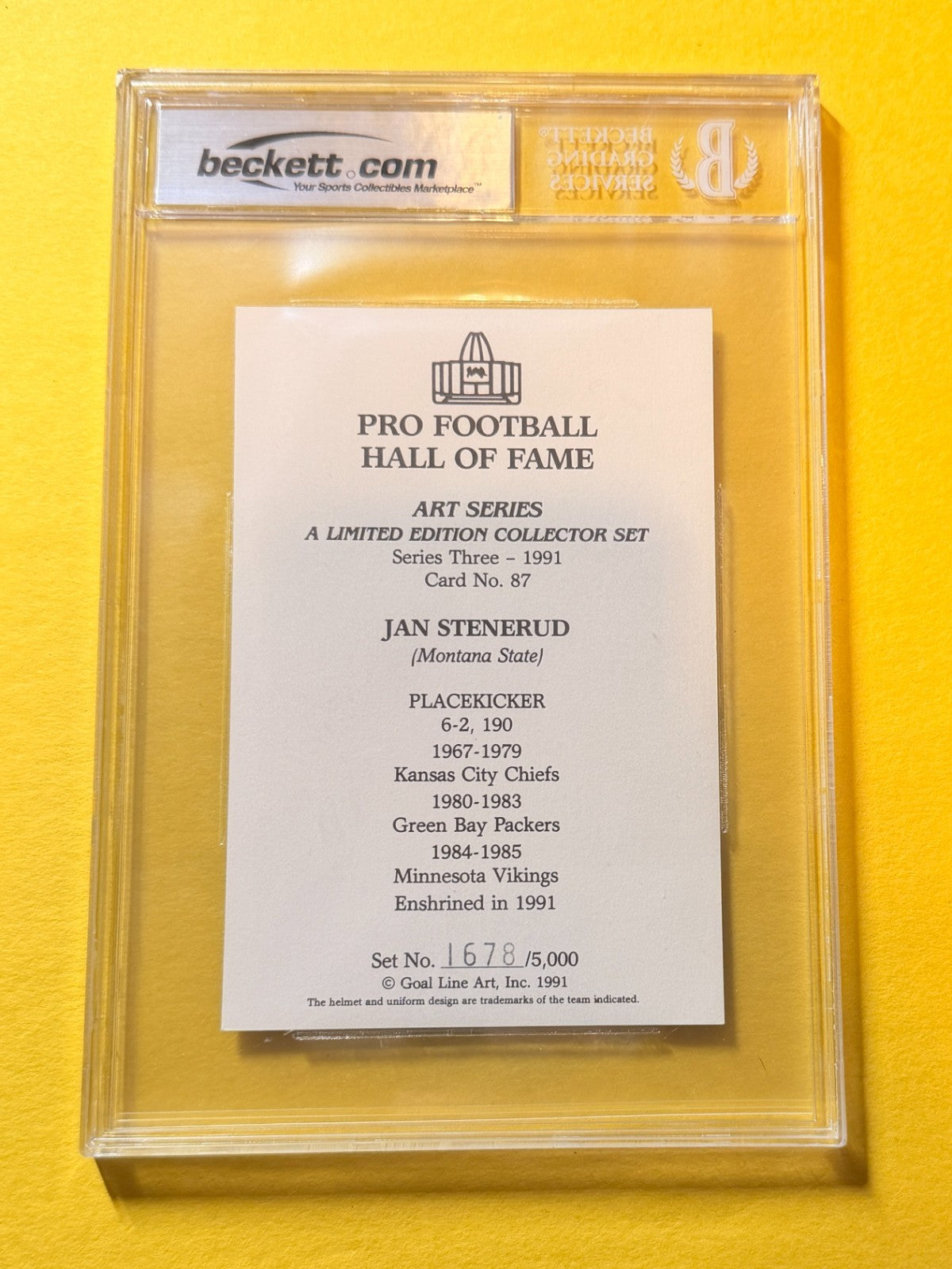1989 GOAL LINE HOF JAN STENERUD #87 SIGNED ART BECKETT AUTHENTIC 10 "HOF 91"