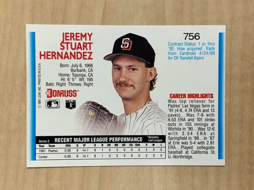 JEREMY HERNANDEZ SAN DIEGO PADRES SIGNED 1992 DONRUSS CARD #756 W/COA