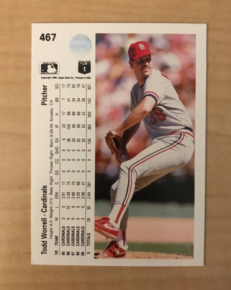 TODD WORRELL ST. LOUIS CARDINALS AUTOGRAPHED 1990 UPPER DECK CARD #467 W/COA 