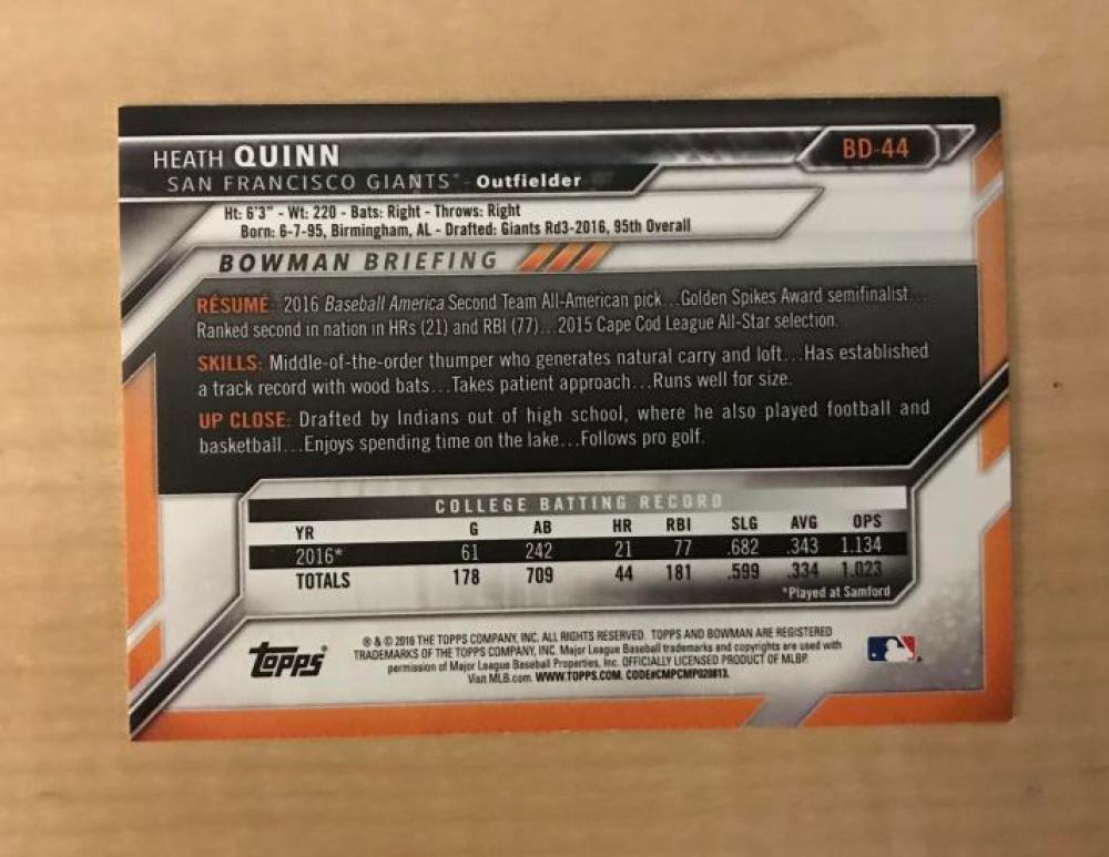 HEATH QUINN SAN FRANCISCO GIANTS SIGNED AUTOGRAPHED 2016 BOWMAN CARD#BD-44 W/COA