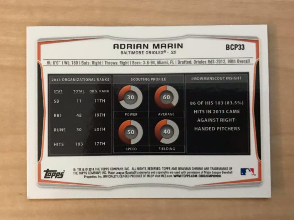 ADRIAN MARIN BALTIMORE ORIOLES SIGNED AUTOGRAPHED 2014 BOWMAN CARD #BCP33 W/COA