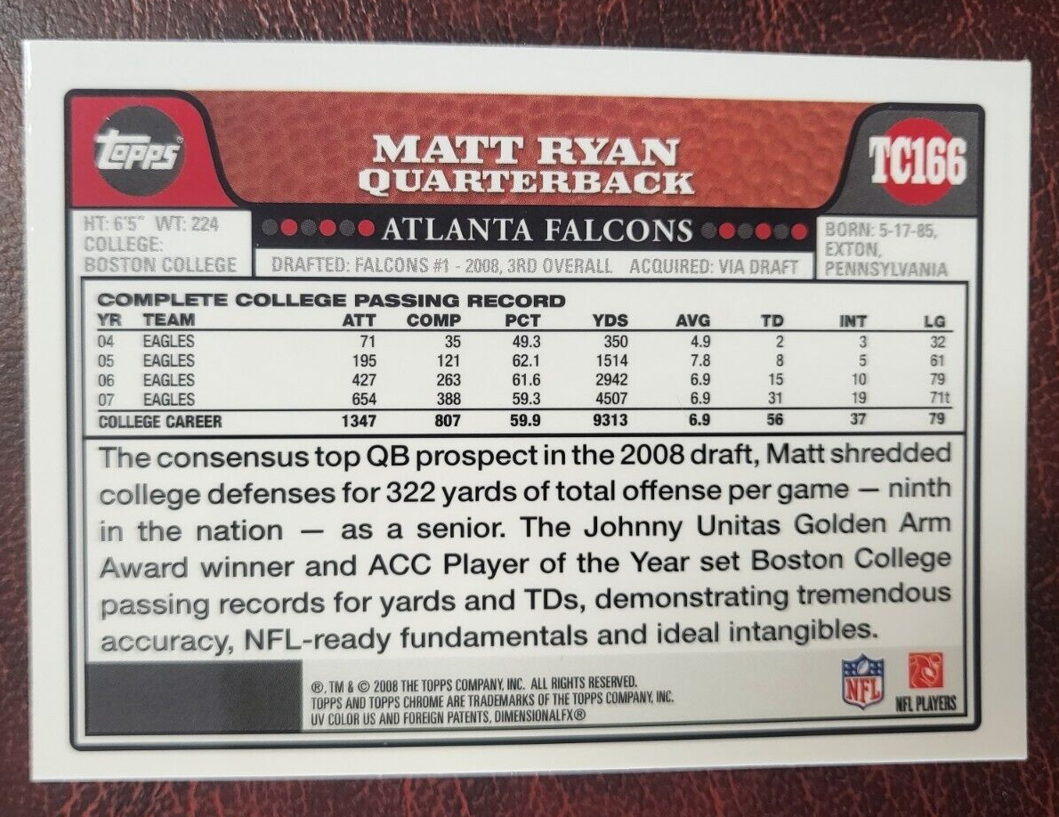 2008 TOPPS CHROME MATT RYAN FALCONS ROOKIE RC CARD #TC166