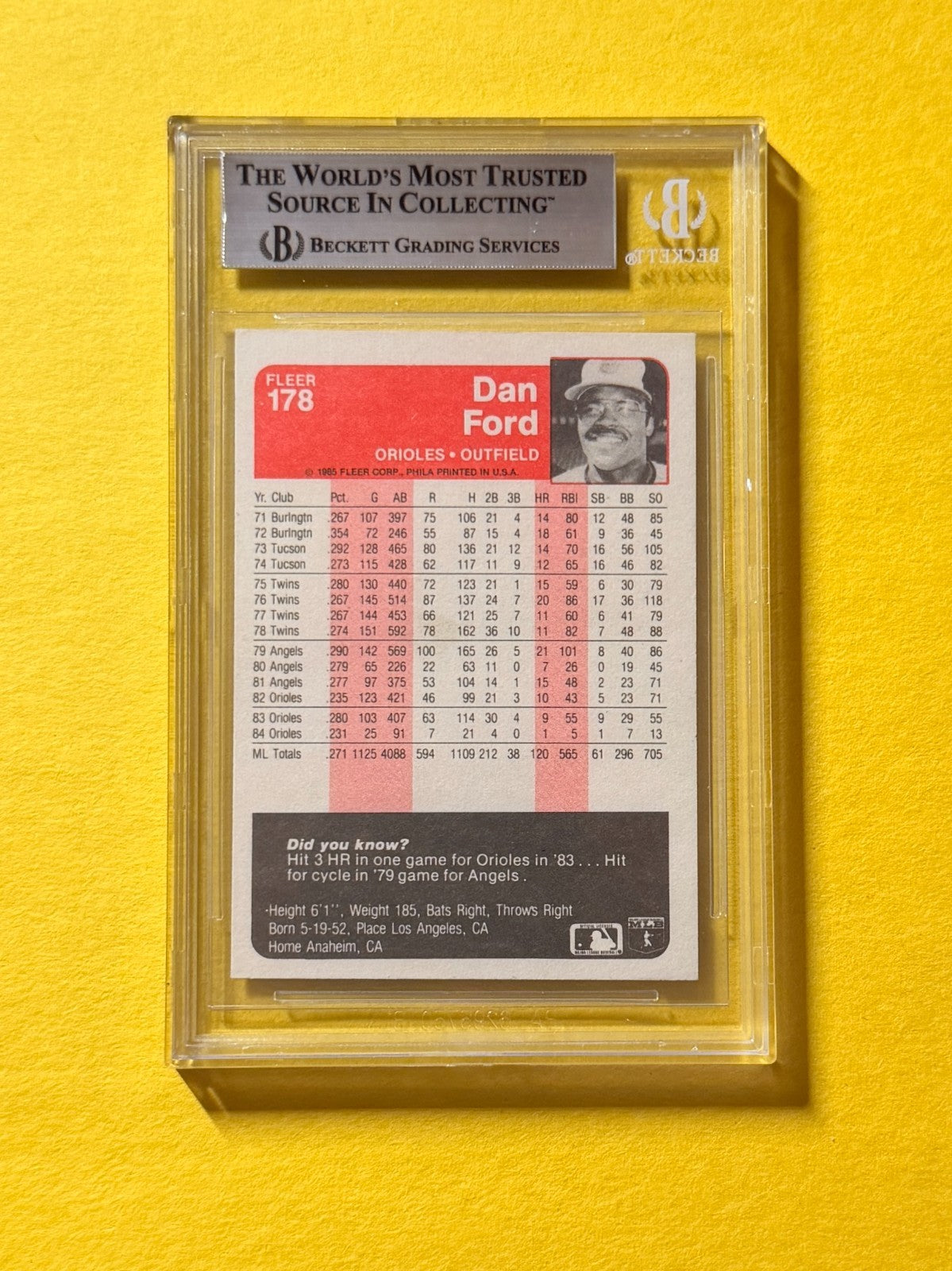1985 FLEER DAN FORD #178 SIGNED AUTO CARD BECKETT AUTHENTIC ORIOLES
