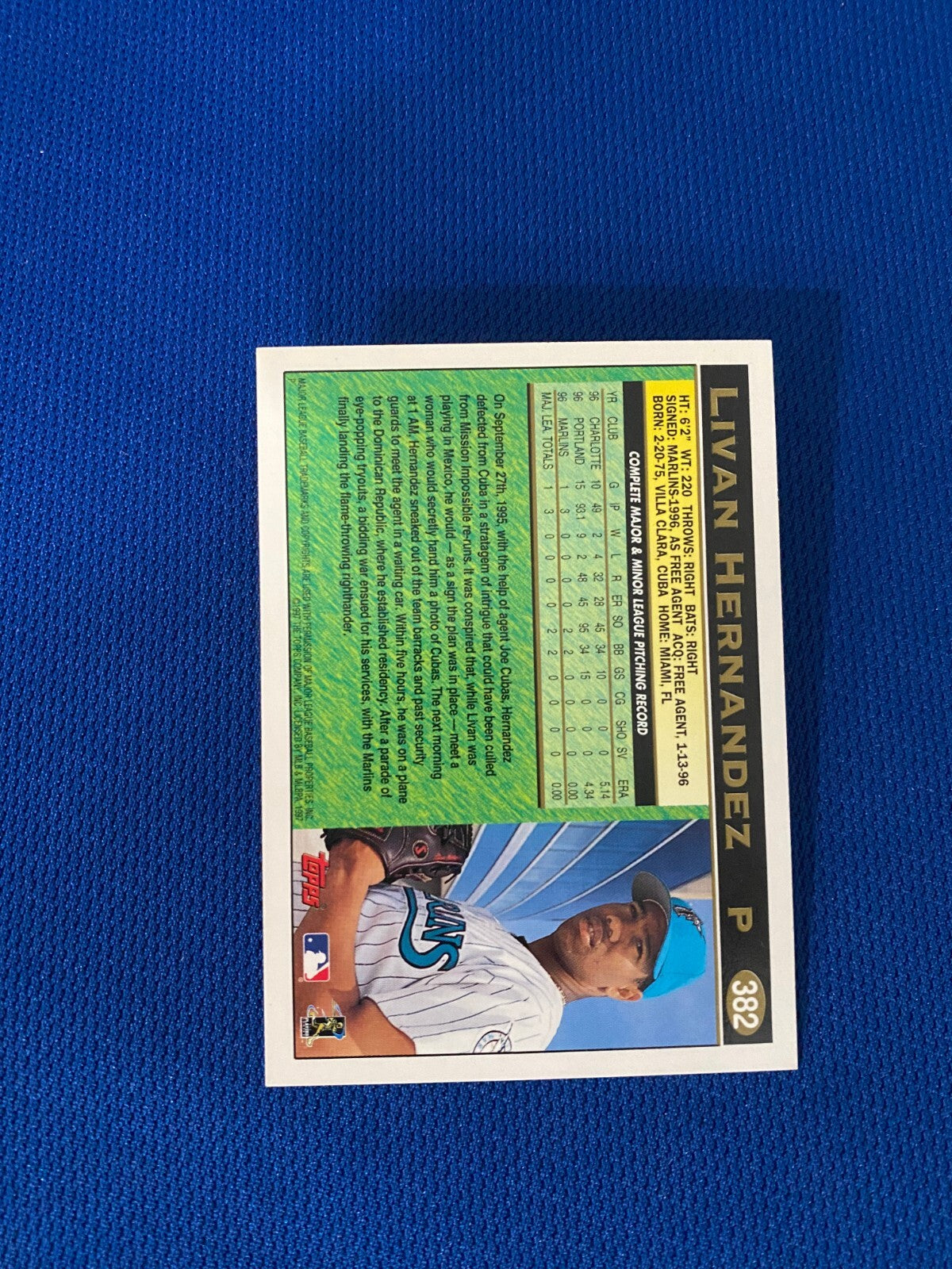 1997 TOPPS LIVAN HERNANDEZ FLORIDA MARLINS AUTOGRAPHED SIGNED CARD #382 W/COA *