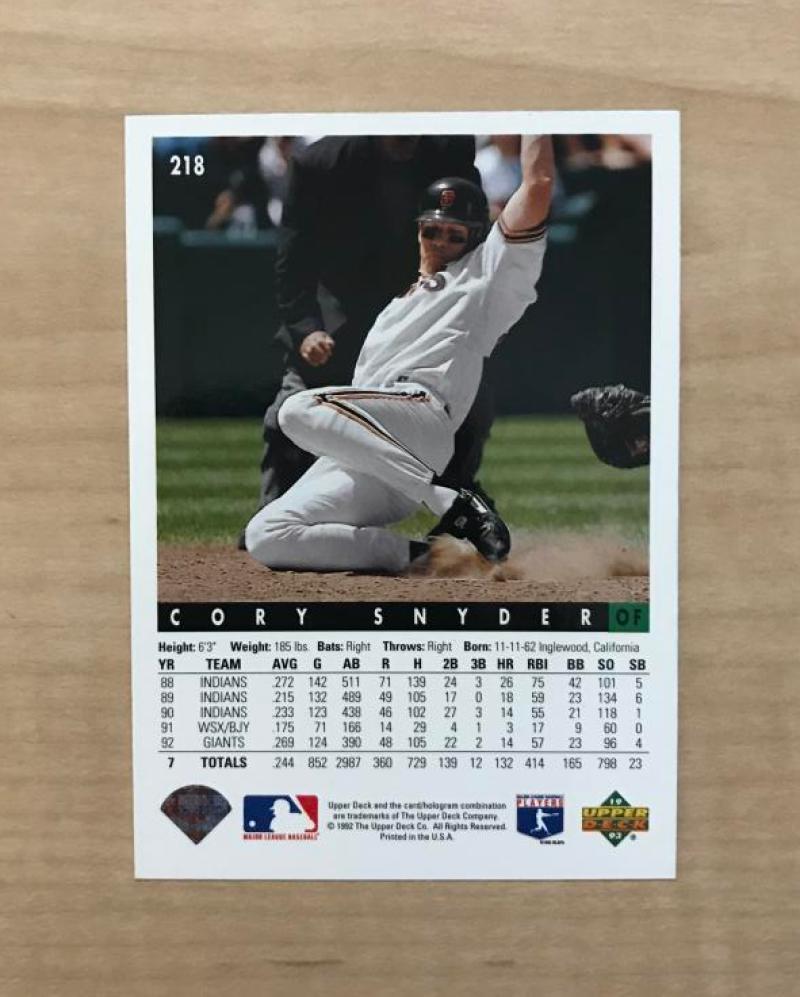 COREY SNYDER SAN FRANCISCO GIANTS SIGNED 1993 UPPER DECK CARD #218 W/COA