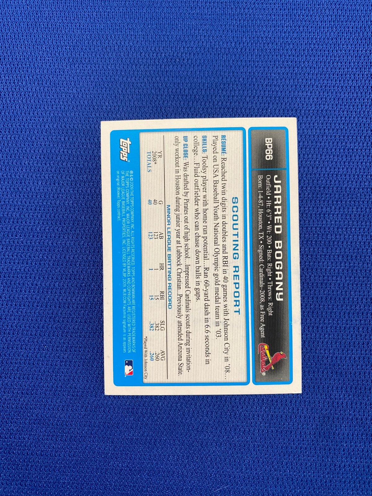 2009 BOWMAN JARRED BOGANY ST LOUIS CARDINALS SIGNED AUTOGRAPHED CARD #BP66 W/COA