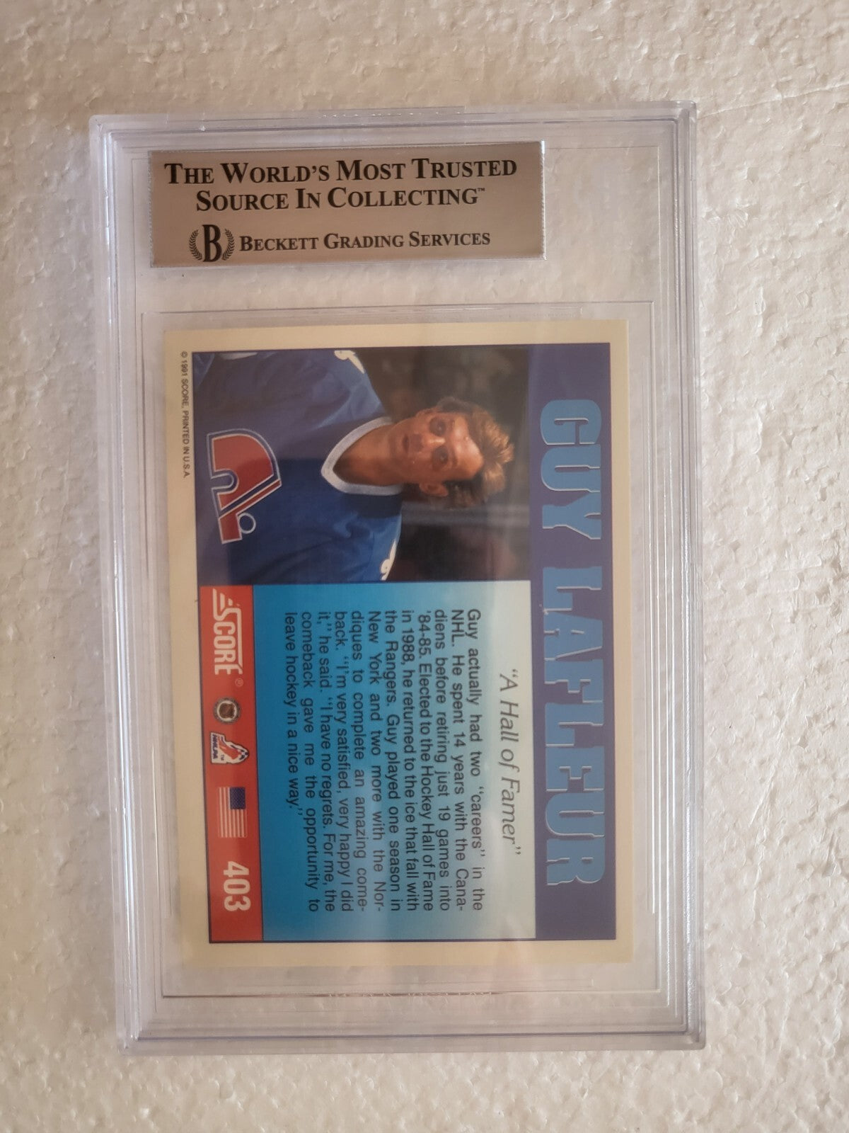 1991-92 SCORE AMERICAN GUY LAFLEUR RANGERS SIGNED AUTOGRAPH #403 CARD BECKETT