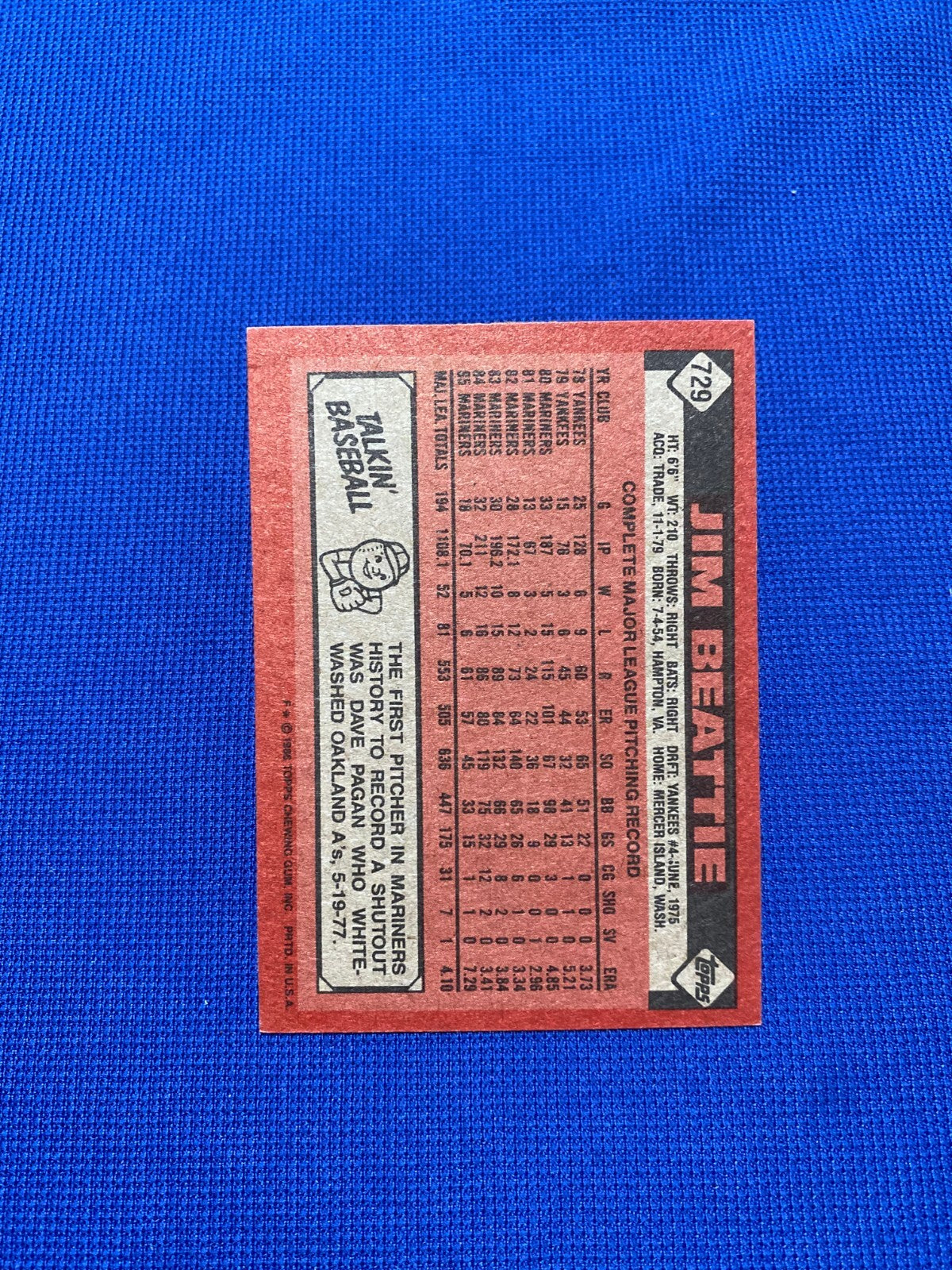 1986 TOPPS JIM BEATTIE SEATTLE MARINERS SIGNED AUTOGRAPHED CARD #729 W/COA