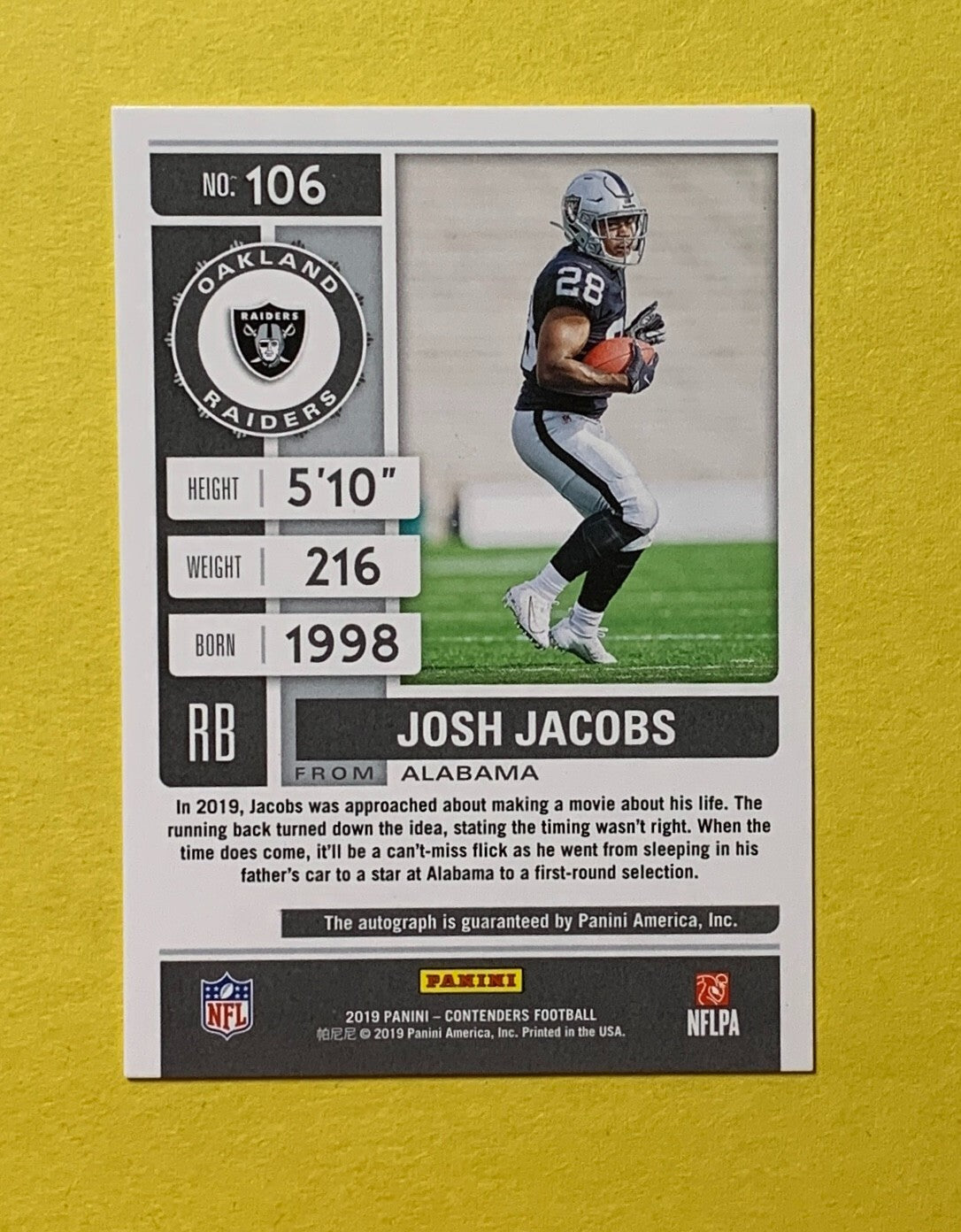2019 PANINI CONTENDERS PREVIEW JOSH JACOBS AUTO /23 #106 RAIDERS ROOKIE