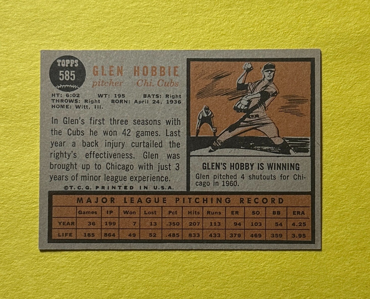 1962 TOPPS GLEN HOBBIE #585 CUBS