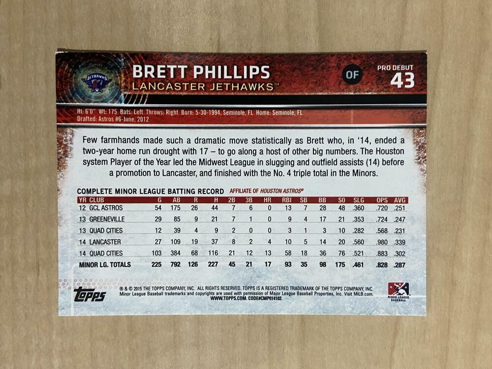 BRETT PHILLIPS LANCASTER JETHAWKS SIGNED AUTOGRAPHED 2015 TOPPS CARD #43 W/COA