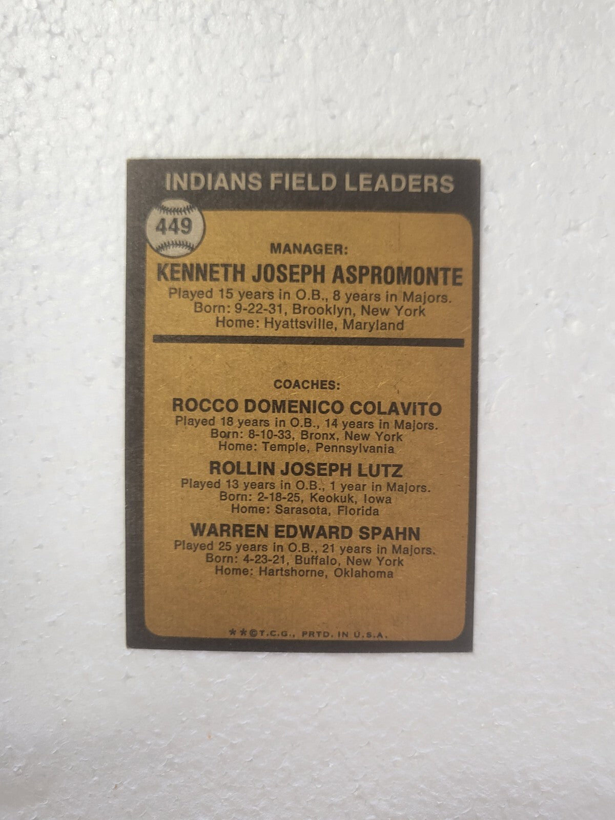 1973 TOPPS KEN ASPROMONTE CLEVELAND INDIANS MANAGER SIGNED AUTO CARD #449 W/COA