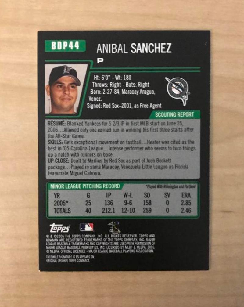 ANIBAL SANCHEZ FLORIDA MARLINS SIGNED AUTOGRAPHED 2006 BOWMAN CARD #BDP44 W/COA