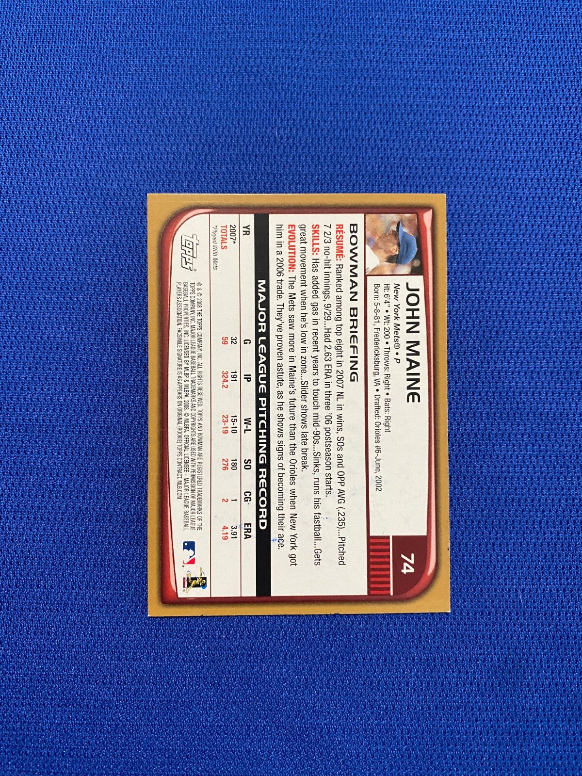 2008 BOWMAN JOHN MAINE NEW YORK METS GOLD SIGNED AUTO AUTOGRAPHED CARD #74 W/COA