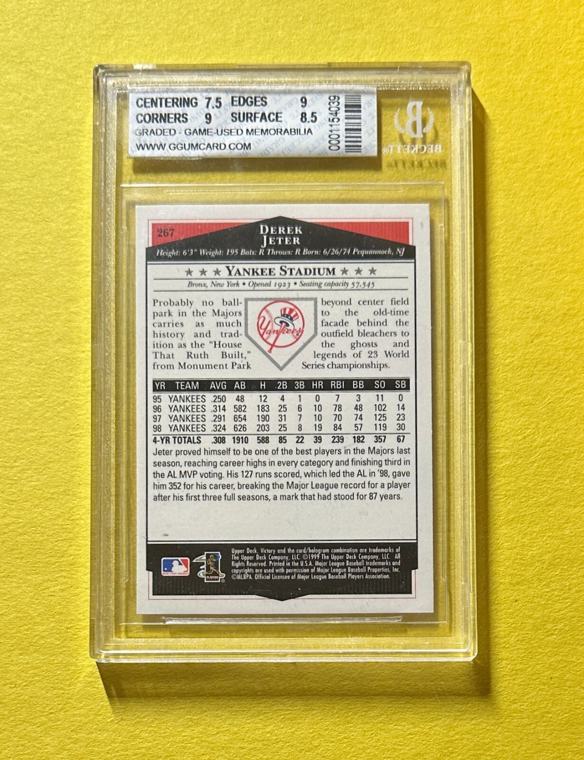 1999 UPPER DECK VICTORY DEREK JETER GAME-USED UNIFORM #267 BGS NM-MT 8 YANKEES