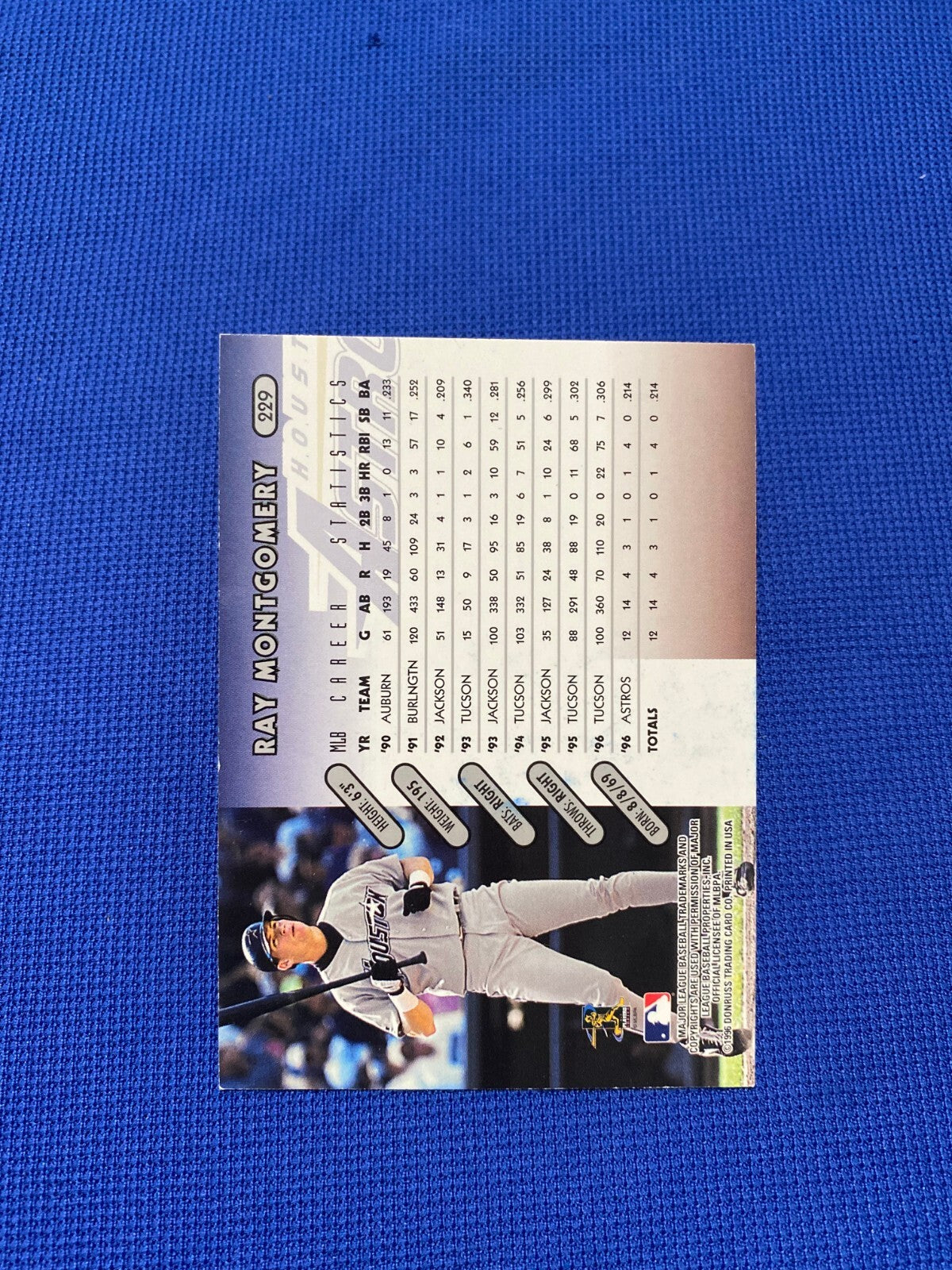 1996 DONRUSS RAY MONTGOMERY HOUSTON ASTROS SIGNED AUTOGRAPHED #229 CARD W/COA