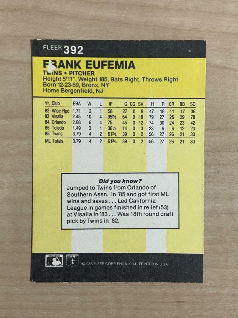 FRANK EUFEMIA MINNESOT TWINS SIGNED AUTOGRAPHED 1986 FLEER CARD #392 W/COA