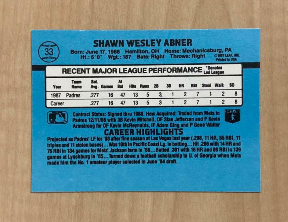 SHAWN ABNER SAN DIEGO PADRES SIGNED AUTOGRAPHED 1988 DONRUSS CARD #33 W/COA 