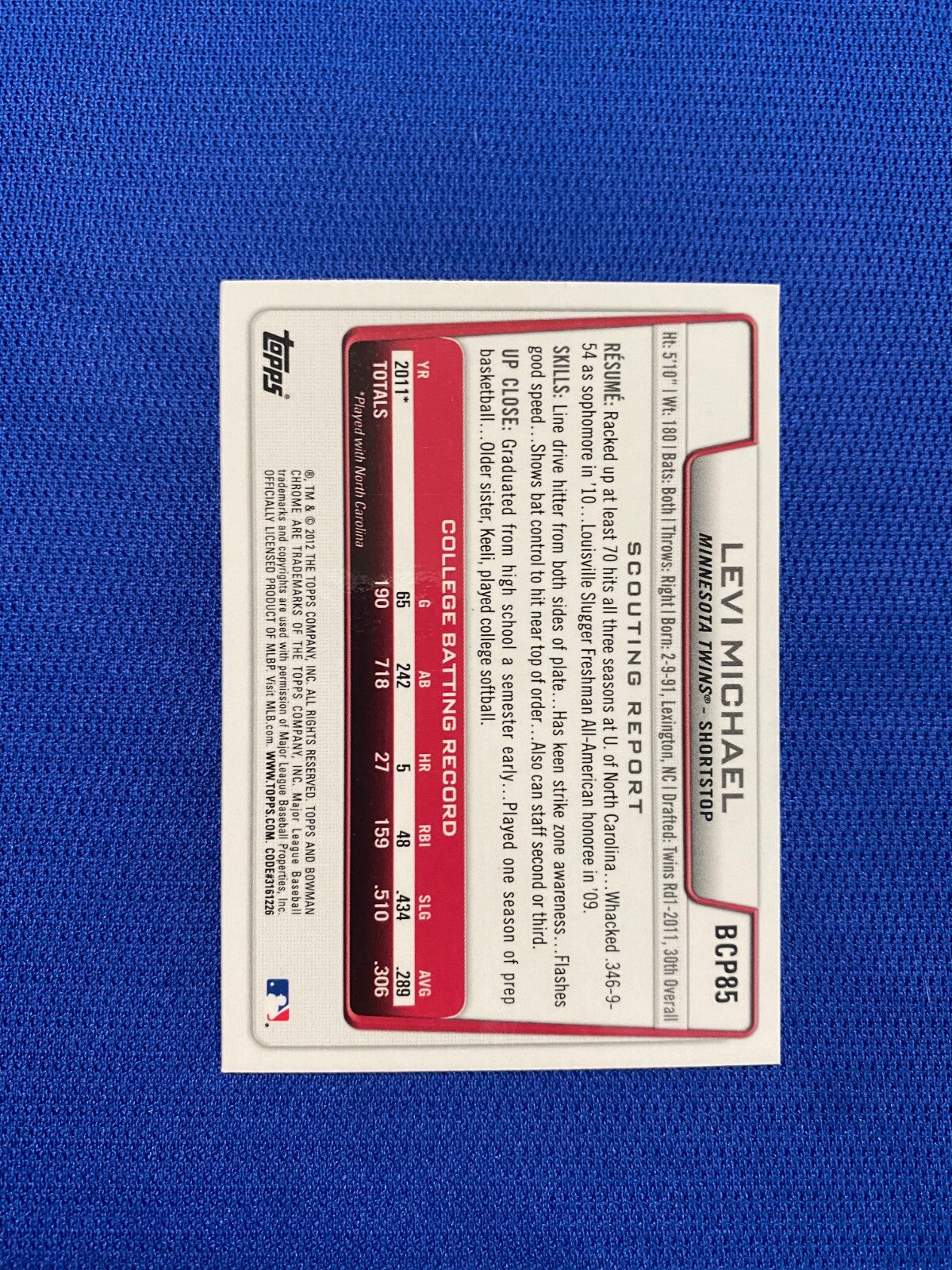 2012 BOWMAN CHROME LEVI MICHAEL MINNESOTA TWINS SIGNED AUTO #BCP85 CARD #W/COA
